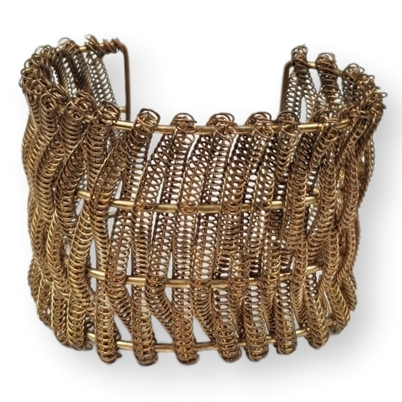 Antiqued Brass Cuff Bracelet Woven Wire Spring Spiral Twist Extra Wide 7" Around - Picture 1 of 6